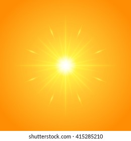 Sun with lens flare lights template and vector background. Sunrise or Sunset Special Effect Glowing Rays. 