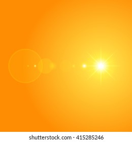 Sun with lens flare lights template and vector background. Sunrise or Sunset Special Effect Glowing Rays.