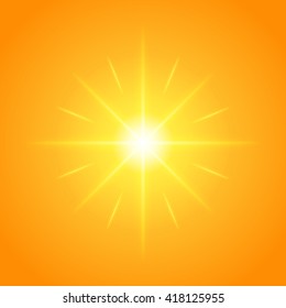 Sun with lens flare lights template and vector background. Sunrise or Sunset Special Effect Glowing Rays. Good for promotion materials, Brochures, Banners. Abstract Backdrop.