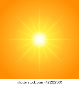 Sun with lens flare lights template and vector background. Sunrise or Sunset Special Effect Glowing Rays. Good for promotion materials, Brochures, Banners. Abstract Backdrop.