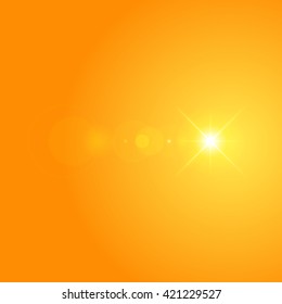 Sun with lens flare lights template and vector background. Sunrise or Sunset Special Effect Glowing Rays. Good for promotion materials, Brochures, Banners. Abstract Backdrop.