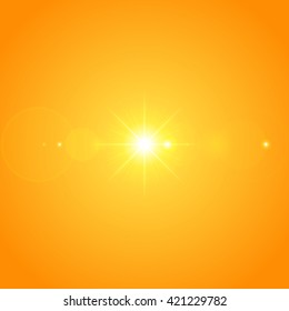 Sun with lens flare lights template and vector background. Sunrise or Sunset Special Effect Glowing Rays. Good for promotion materials, Brochures, Banners. Abstract Backdrop.