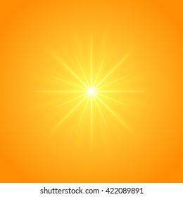 Sun with lens flare lights template and vector background. Sunrise or Sunset Special Effect Glowing Rays. 