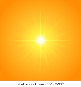 Sun with lens flare lights template and vector background. Sunrise or Sunset Special Effect Glowing Rays. 