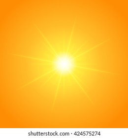 Sun with lens flare lights template and vector background. Sunrise or Sunset Special Effect Glowing Rays. 