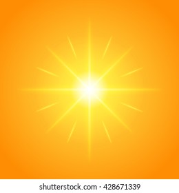 Sun with lens flare lights template and vector background. Sunrise or Sunset Special Effect Glowing Rays. Good for promotion materials, Brochures, Banners. Abstract Backdrop.