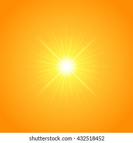 Sun with lens flare lights template and vector background. Sunrise or Sunset Special Effect Glowing Rays. Good for promotion materials, Brochures, Banners. Abstract Backdrop.