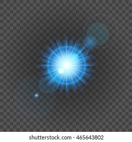 Sun with lens flare lights template and vector background. Special Effect Glowing Rays. Good for promotion materials, Brochures, Banners.