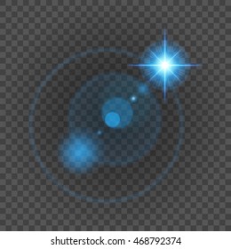 Sun with lens flare lights template and vector background. Special Effect Glowing Rays. Good for promotion materials, Brochures, Banners.