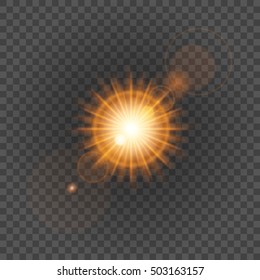 Sun with lens flare lights template and vector background. Special Effect Glowing Rays. Good for promotion materials, Brochures, Banners.