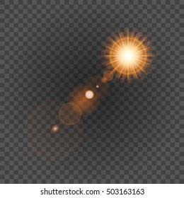 Sun with lens flare lights template and vector background. Special Effect Glowing Rays. Good for promotion materials, Brochures, Banners.