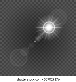 Sun with lens flare lights template and vector background. Special Effect Glowing Rays. Good for promotion materials, Brochures, Banners.