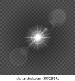 Sun with lens flare lights template and vector background. Special Effect Glowing Rays. Good for promotion materials, Brochures, Banners.