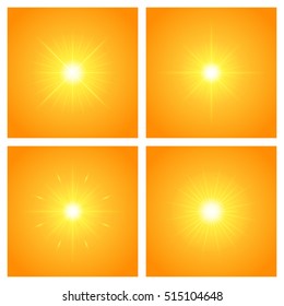 Sun with lens flare lights template and vector set backgrounds. Sunrise or Sunset Special Effect Glowing Rays. Good for promotion materials, Brochures, Banners. Abstract Backdrop