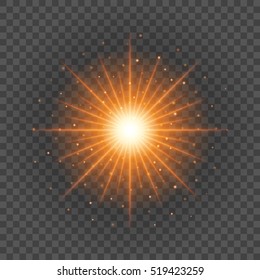Sun with lens flare lights template and vector background. Special Effect Glowing Rays. Good for promotion materials, Brochures, Banners.