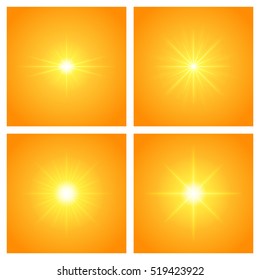 Sun with lens flare lights template and vector set backgrounds. Sunrise or Sunset Special Effect Glowing Rays. Good for promotion materials, Brochures, Banners. Abstract Backdrop.