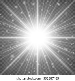 Sun with lens flare lights template and vector background. Special Effect Glowing Rays. Good for promotion materials, Brochures, Banners.