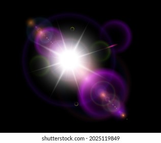 Sun with lens flare on black background, glowing star with colorful bokeh vector illustration.
