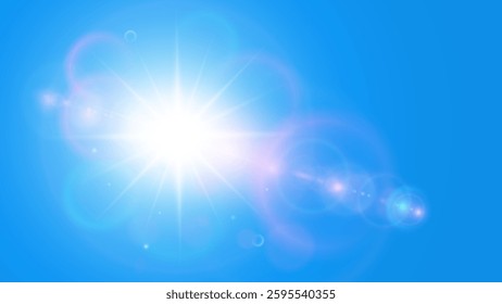Sun with lens flare on blue sky, hot weather concept, vector summer sunny background illustration.