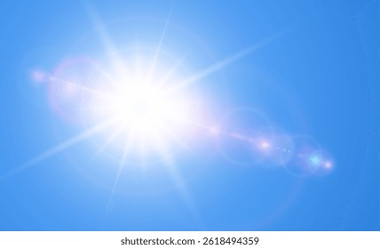 Sun with lens flare on blue sky, sunny background as hot weather concept, vector summer background illustration.