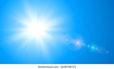 Sun with lens flare on blue sky, sunny background as hot weather concept, vector summer background illustration.