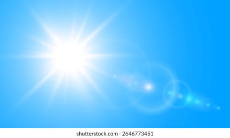 Sun with lens flare on blue sky, sunny background as hot weather concept, vector summer background illustration.