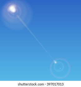 Sun with lens flare, on blue vector background, abstract lighting flare