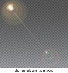 Sun with lens flare, on transparent vector background, abstract lighting flare