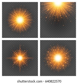 Sun with lens flare orange lights template and vector backgrounds set. Special Effect Glowing Rays. Good for promotion materials, Brochures, Banners.