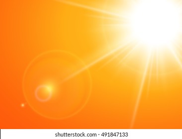 Sun with lens flare, orange vector background.