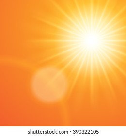 Sun with lens flare sunset orange sky vector background.