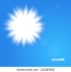 Sun with lens flare, vector background blue