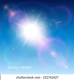 Sun with lens flare, vector background.