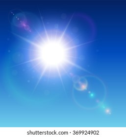 Sun with lens flare, vector background.