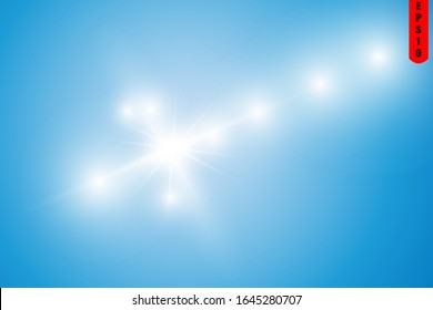 Sol con lente de lente, fondo vectorial de sol azul natural.