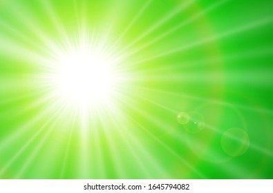 Sun with lens flare, vector natural green sunny background.