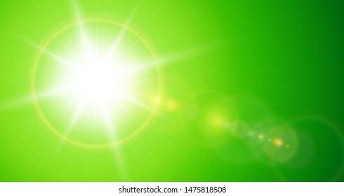 Sun with lens flare, vector nature green background.