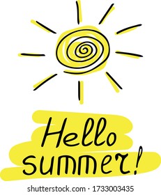 sun and lettering hello summer hand drawn element in doodle style. vector black and white, yellow minimalism. Template card, poster, sticker.