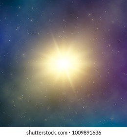 Sun light. Abstract bright star in space. Dark astral fantasy background. Vector illustration