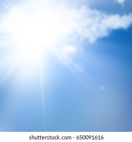 Sun light and blue sky with clouds. Summer background. Vector illustration