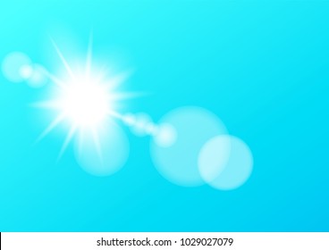 Sun light bokeh lens template on blue sky background. Counterlight lensflare luminosity. Vector empty sunbeam shiny concept