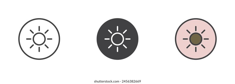 Sun light different style icon set. Line, glyph and filled outline colorful version, outline and filled vector sign. Brightness symbol, logo illustration. Vector graphics