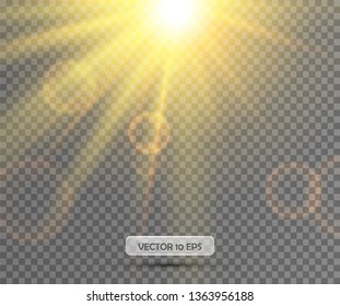 Sun light effect. Glowing sun ray. Transparency sunlight lens flare light effect. Vector