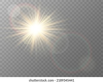 Sun light effect. Lens flare and beams. Glare and flash isolated on transparent backdrop. Light rings and highlights. Warm sunlight. Spring or summer concept. Vector illustration.