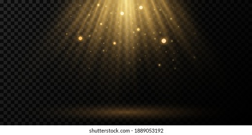 Sun light effect on a transparent background. Golden rays with flying dust and glowing particles. Soft golden sunbeams with glare. Podium light. Bright flash. Vector illustration. EPS 10