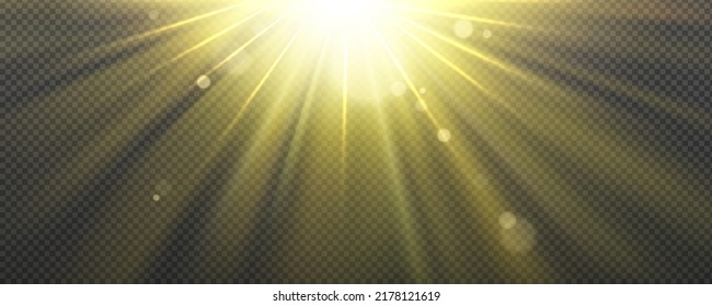 Sun light effect with yellow rays and lens glare isolated on transparent background. Vector realistic illustration of abstract flare or sunlight shine with blurred beams