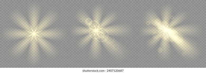 Efecto de la erupción de la luz solar. Vigas de rayos brillantes brillantes de color amarillo vectorial. Verano dorado y soleado. Apertura o puesta de sol de la luz solar del halo blanco