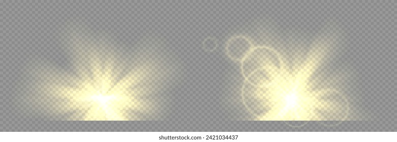 Sun light flare effect. Vector yellow bright shiny glowing ray beams. Golden sunny summer glare. White halo sunbeam sunrise or sunset
