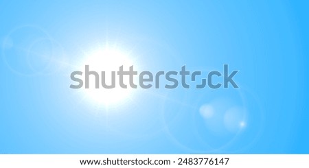 Sun light flare on blue sky background. Vector sunny summer background with sunbeams