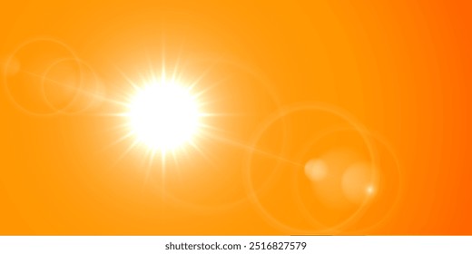 A luz do sol brilha sobre o plano de fundo laranja. Fundo ensolarado vetorial com raios de sol